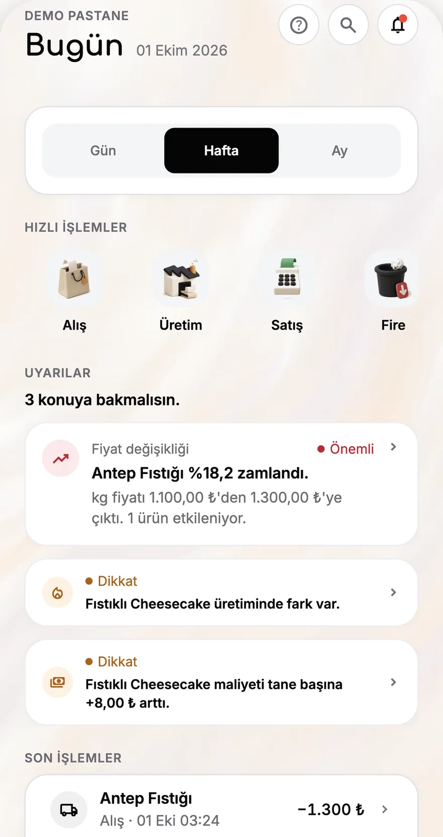 Çetele Bugün ekranı: hızlı işlemler ve üç uyarı